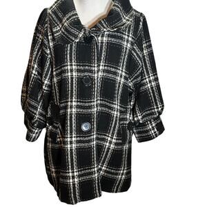 Hazel  Black White Plaid Button Front Coat Jacket Women’s L Short Sleeve